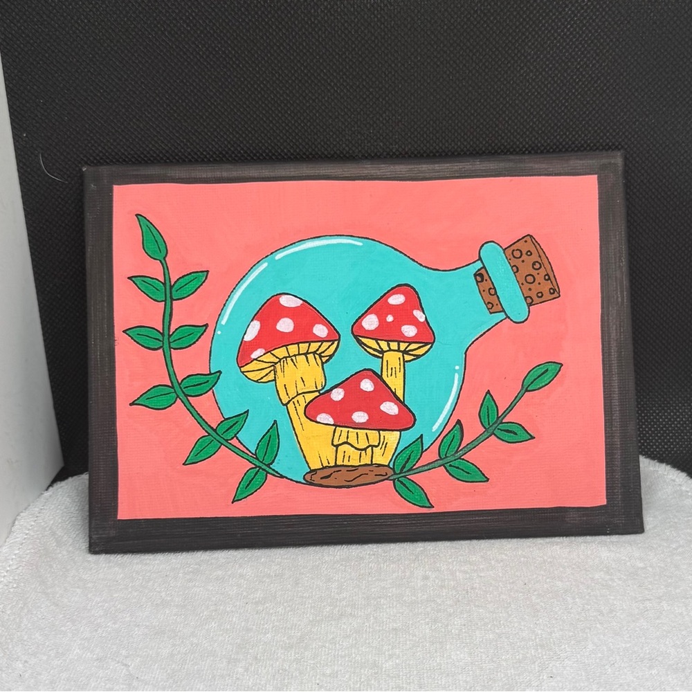 Mushroom Art Canvas with Coral Background